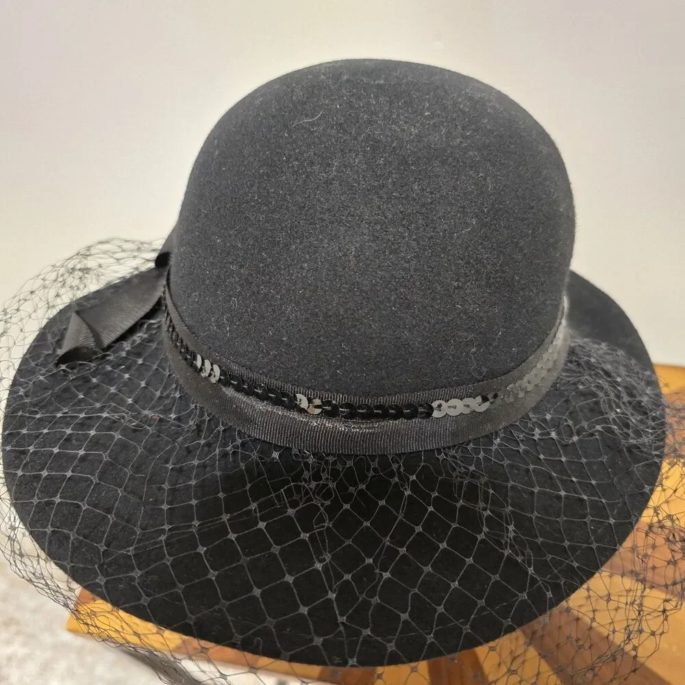 True Vintage Lancaster Black Wool Felt Hat Face Netting USA Black Sequin Classy